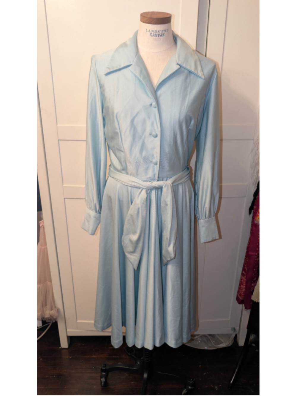 Vintage 70s Sleeve Button-Down Dress, Size M, Light Blue